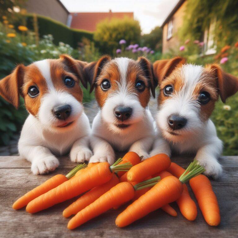 three jack russell pups looking at some carrots on a table in a garden