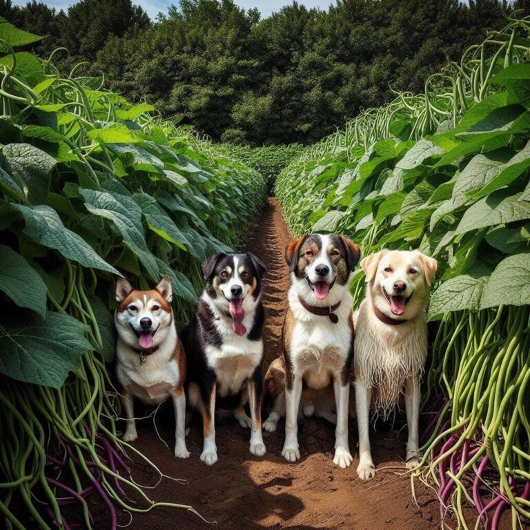 four dogs walking through a huge plantation of green beans