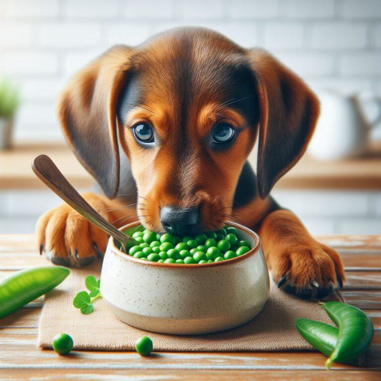 a dog eating a bowl of freshly cooked peas