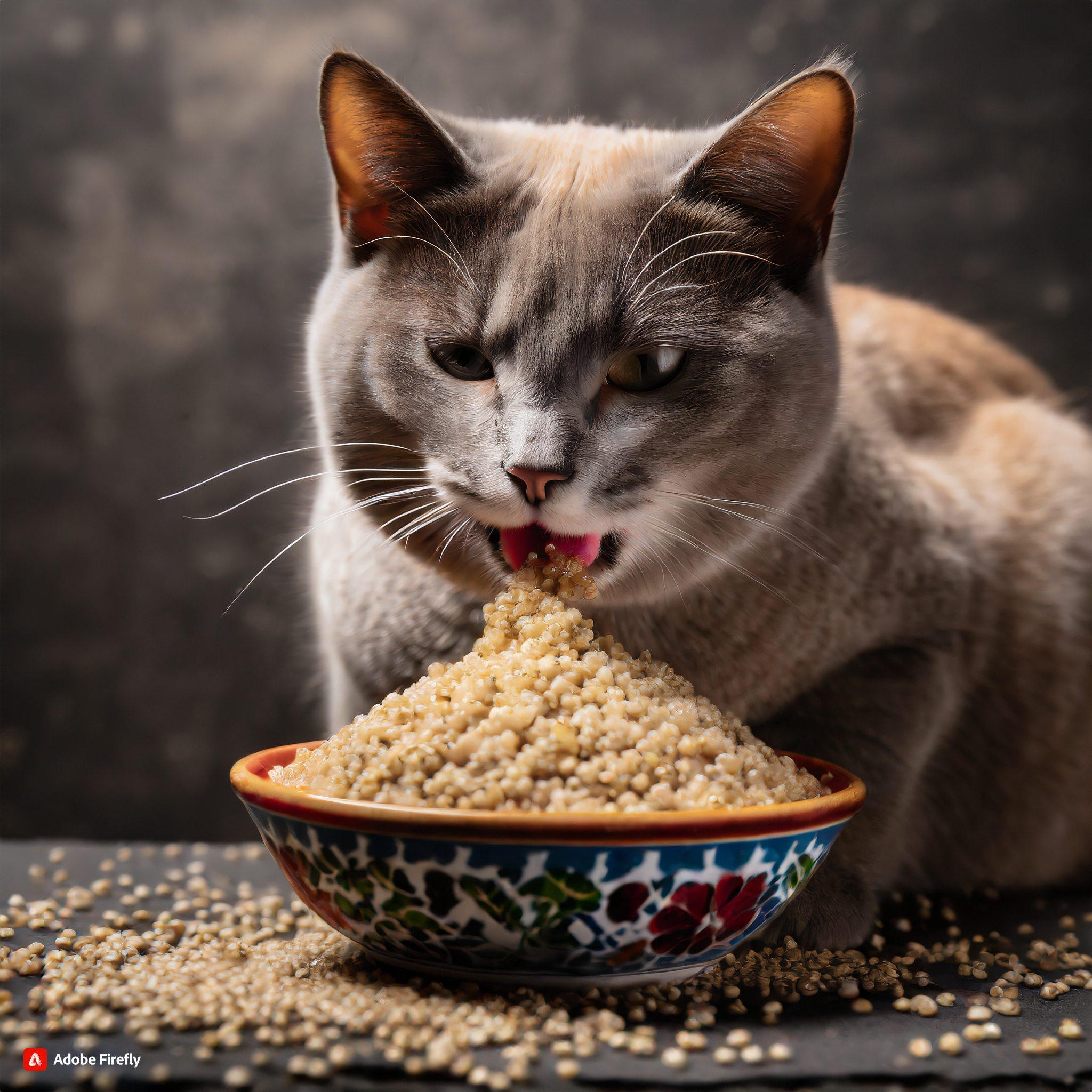 a cat eating a healthy bowl of quinoa