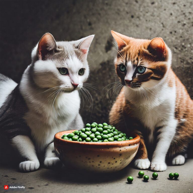 two cats staring at a bowl of peas