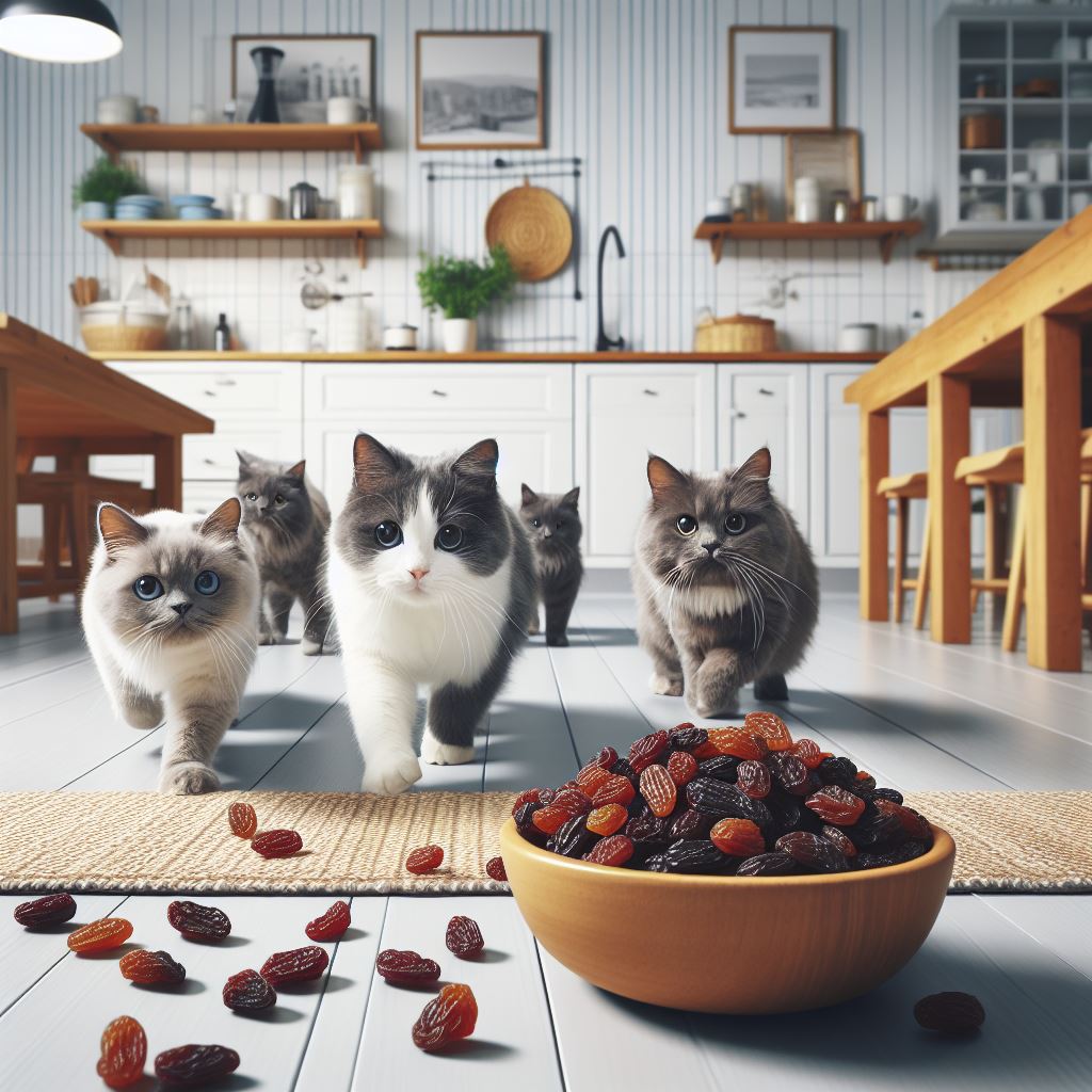 some cats walking around a bowl of raisins on a kitchen floor