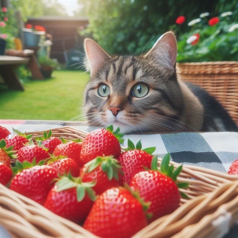 a cat lookind at a platter of juicy strawberries sat out in a garden