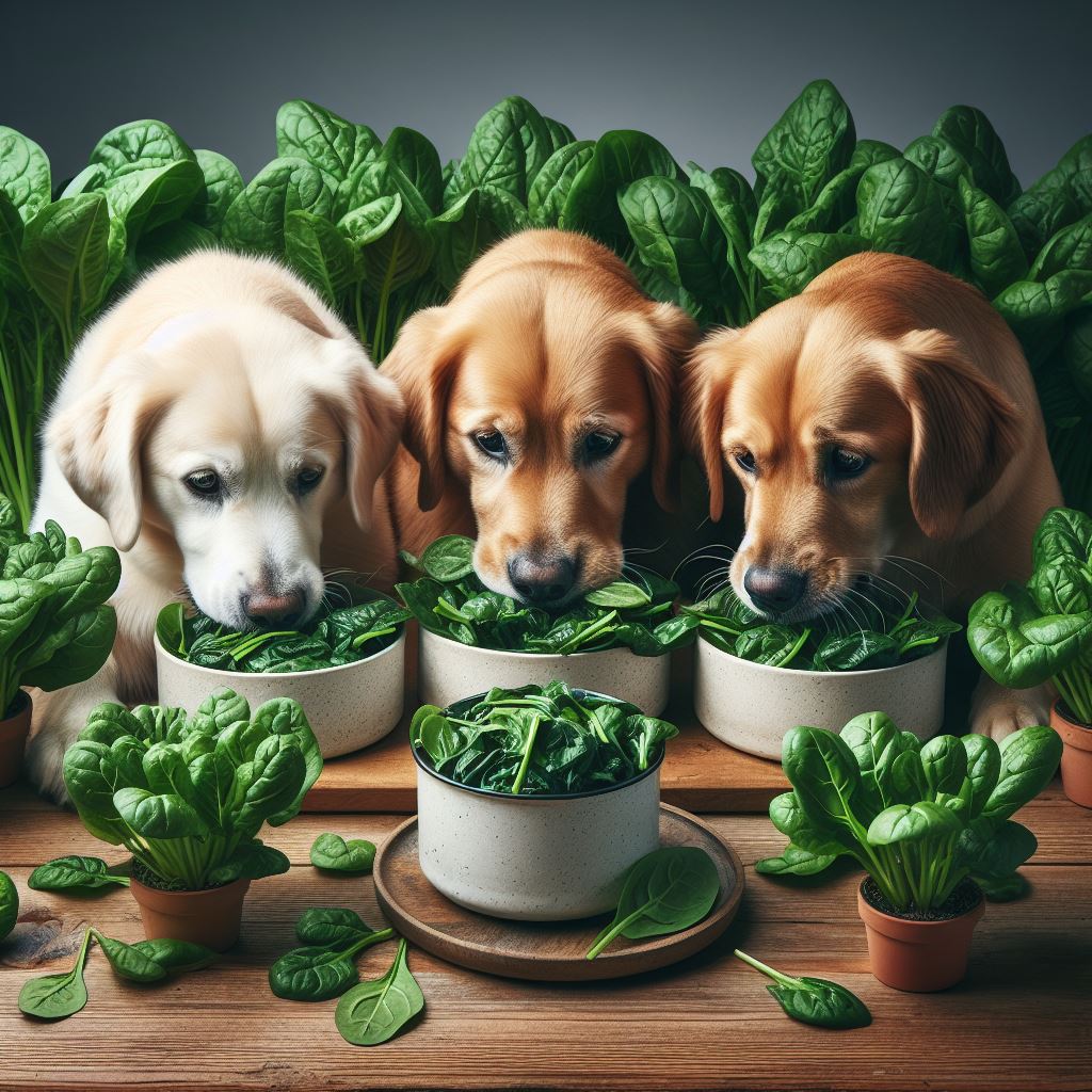 three dogs eating bowls of freshly cooked spinach with some spinach plants growing behind them