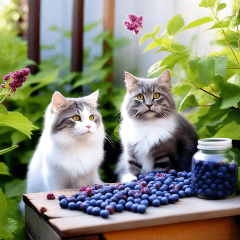 two cats looking at some juicy blueberries outside on a garden table