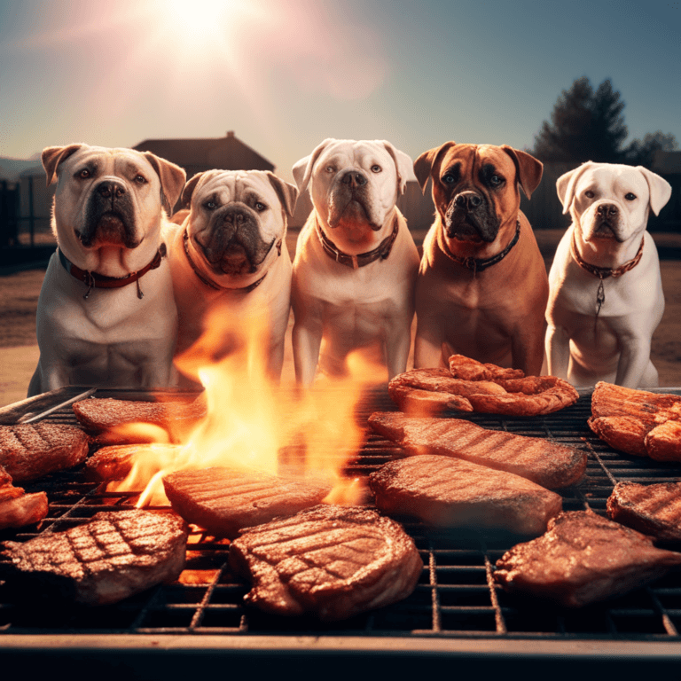 some dogs staring at some sizzling ribeyes cooking on a barbecue
