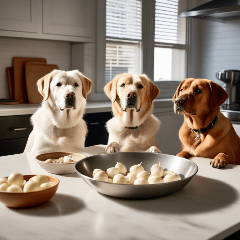 three dogs looking at a bowl of garlic on a kitchen counter