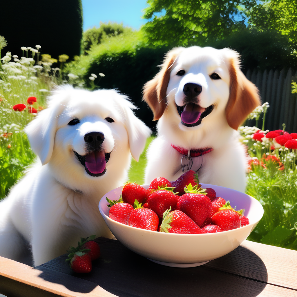 two cute white dogs looking at a bowl of delicious freshly cut organic strawberries