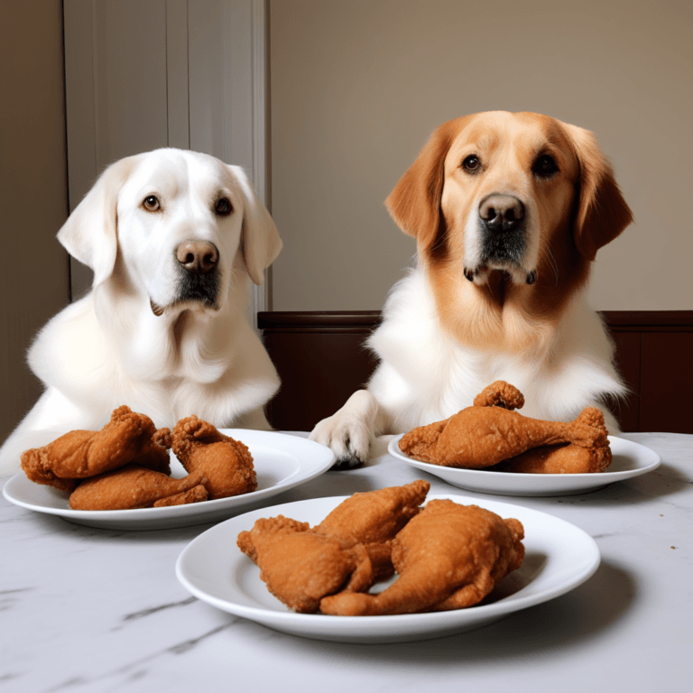 two dogs looking at some plates of fried chicken
