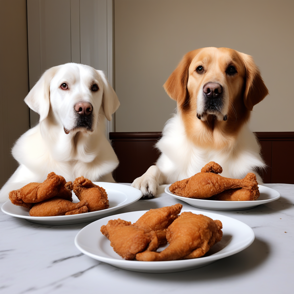 two dogs looking at some plates of fried chicken