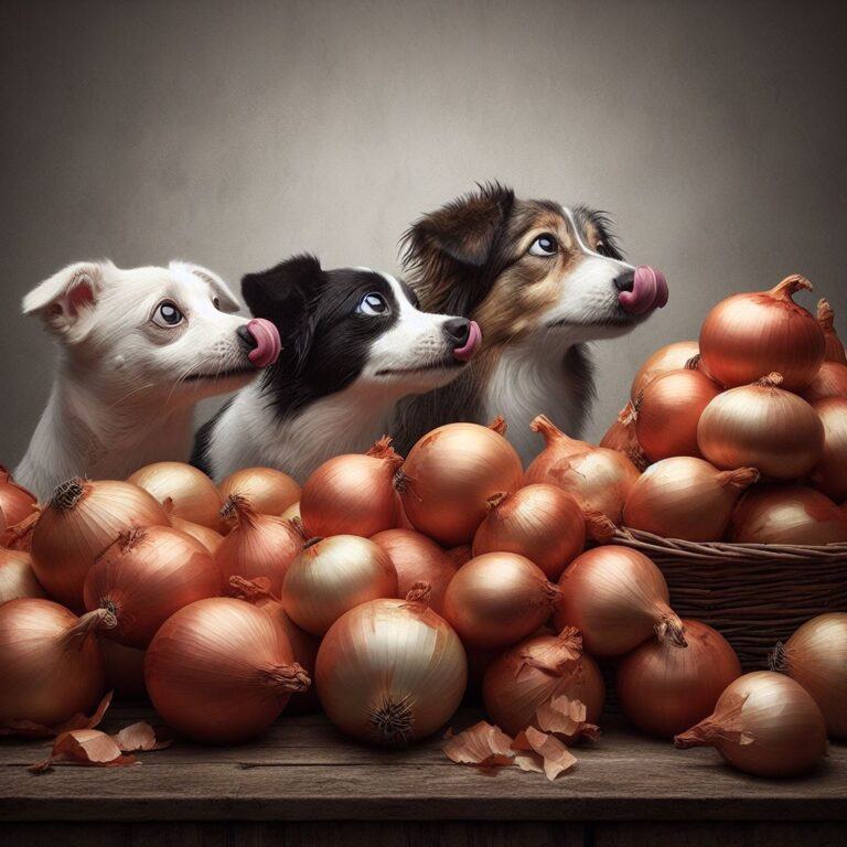 three dogs licking their lips staring at a pile of onions