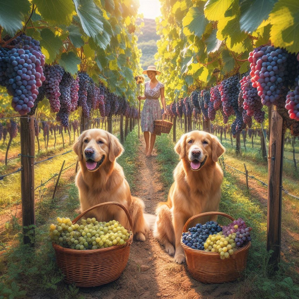 two dogs in a vineyard full of delicious looking grapes