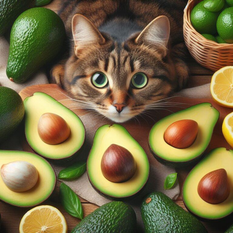 a cute cat with some freshly opened avocados all around him