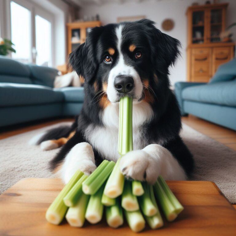 a black and white dog eating some sticks of celery