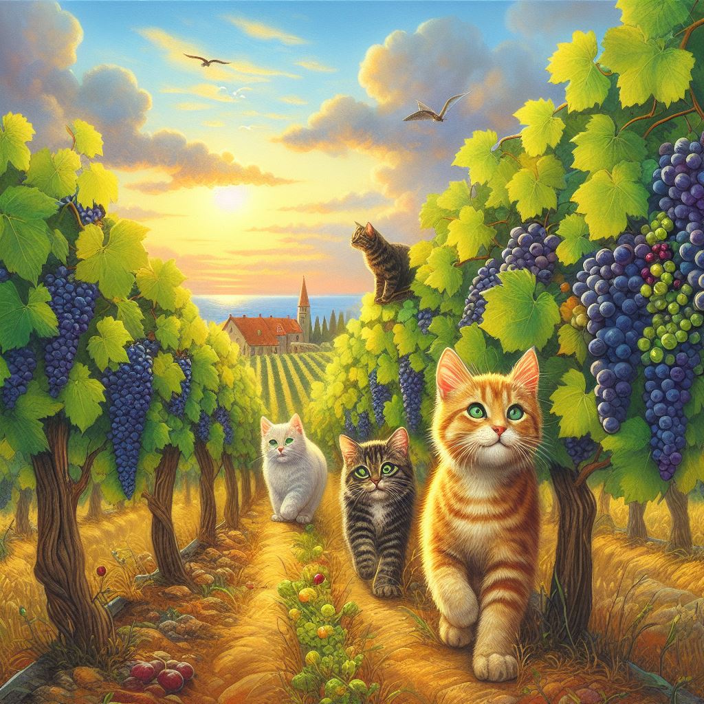 some cats walking through a vinyard full of grapes