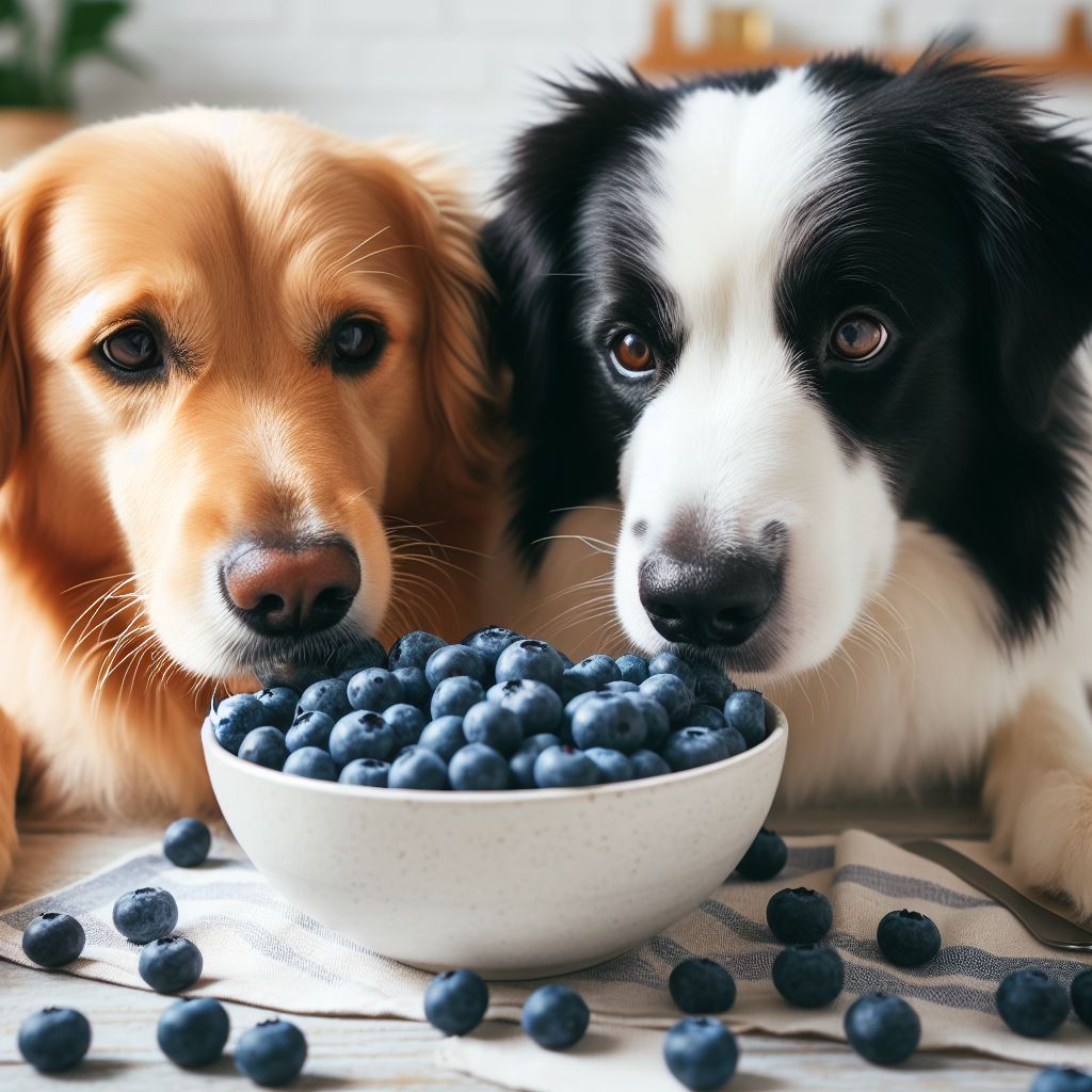 two dogs eating a healthy bowl of blueberries