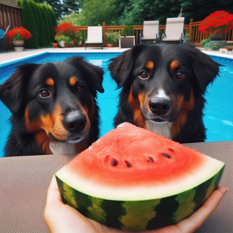 two dogs looking at a freshly sliced piece of watermelon outside by the pool