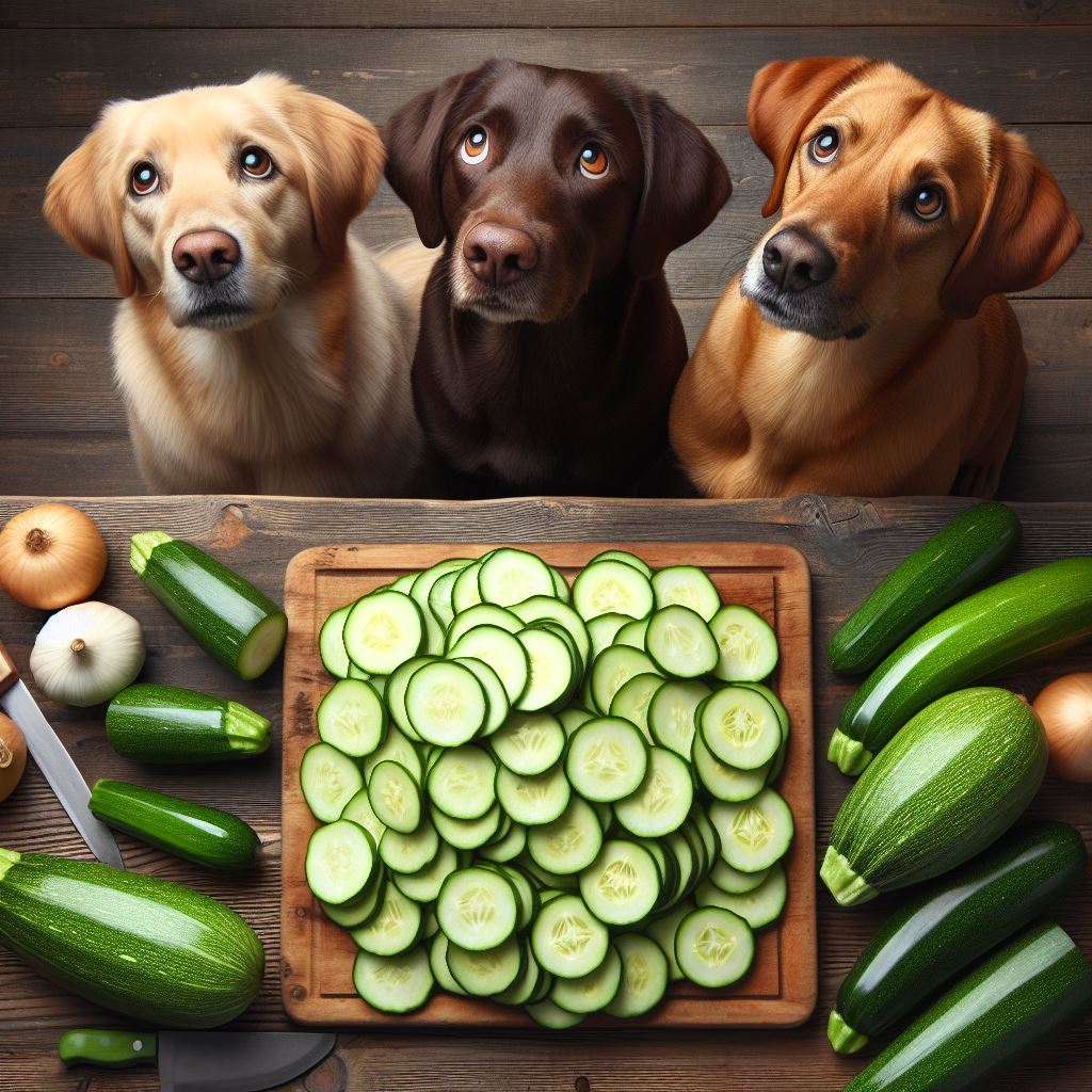 three dogs looking up at some delicious freshly cut courgette