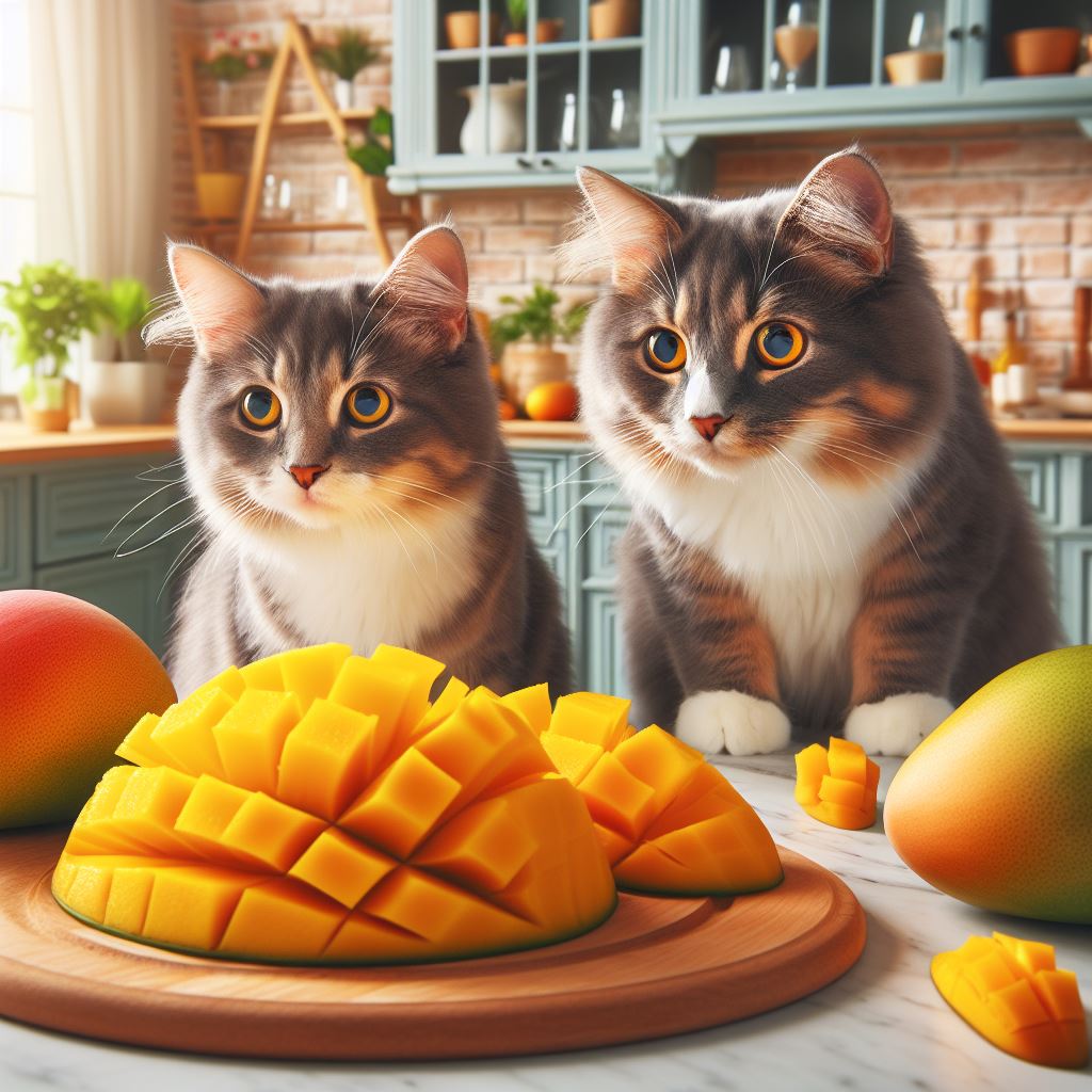 two cats looking at some slices of delicious ripe mango in a kitchen