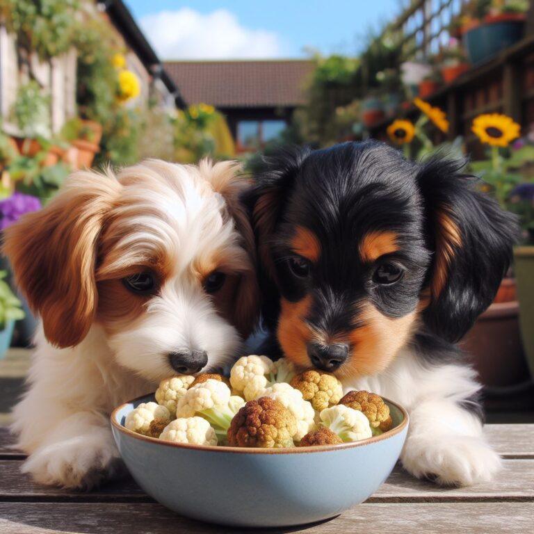 two cute dogs tucking into a bowl of freshsly cooked cauliflower