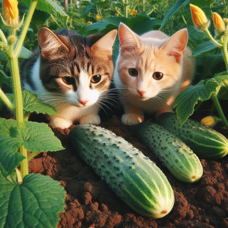 two cats looking at some cucumbers growing in a garden