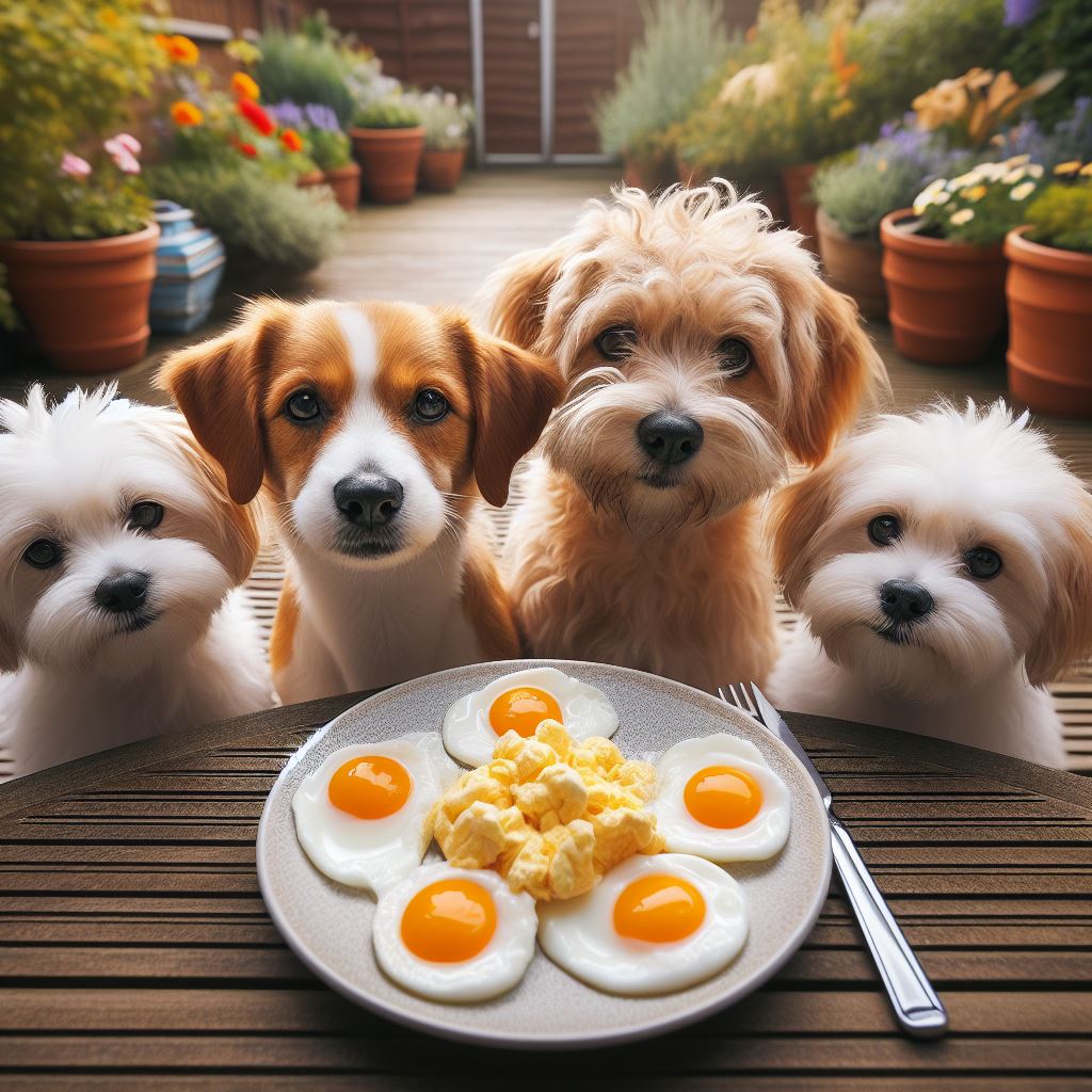 four dogs looking to tuck into an assortment of cooked eggs on a table in the garden