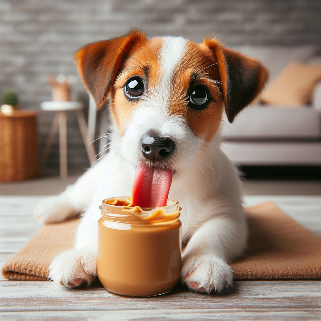 a cute jack russell terrier licking some peanut butter out of a jar