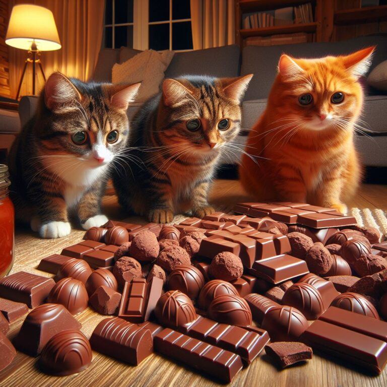 three cats looking at a lot of tasty chocolate