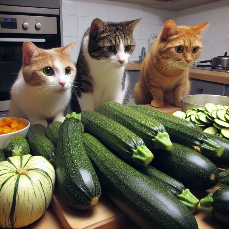 some cats looking at a few healthy fresh courgettes