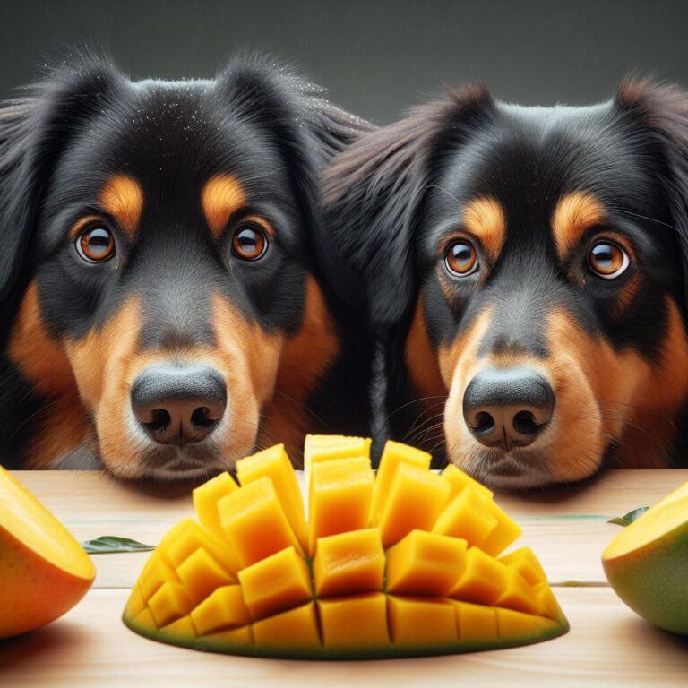 two back and brown dogs staring at some freshly cut mango