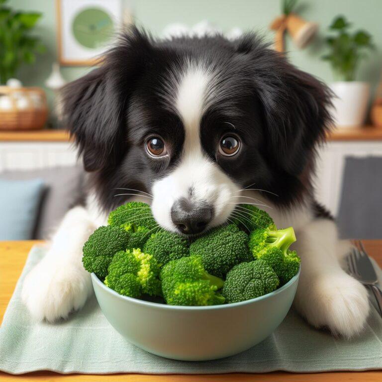 a cute back and white dog tucking into a freshly cooked bowl of broccoli