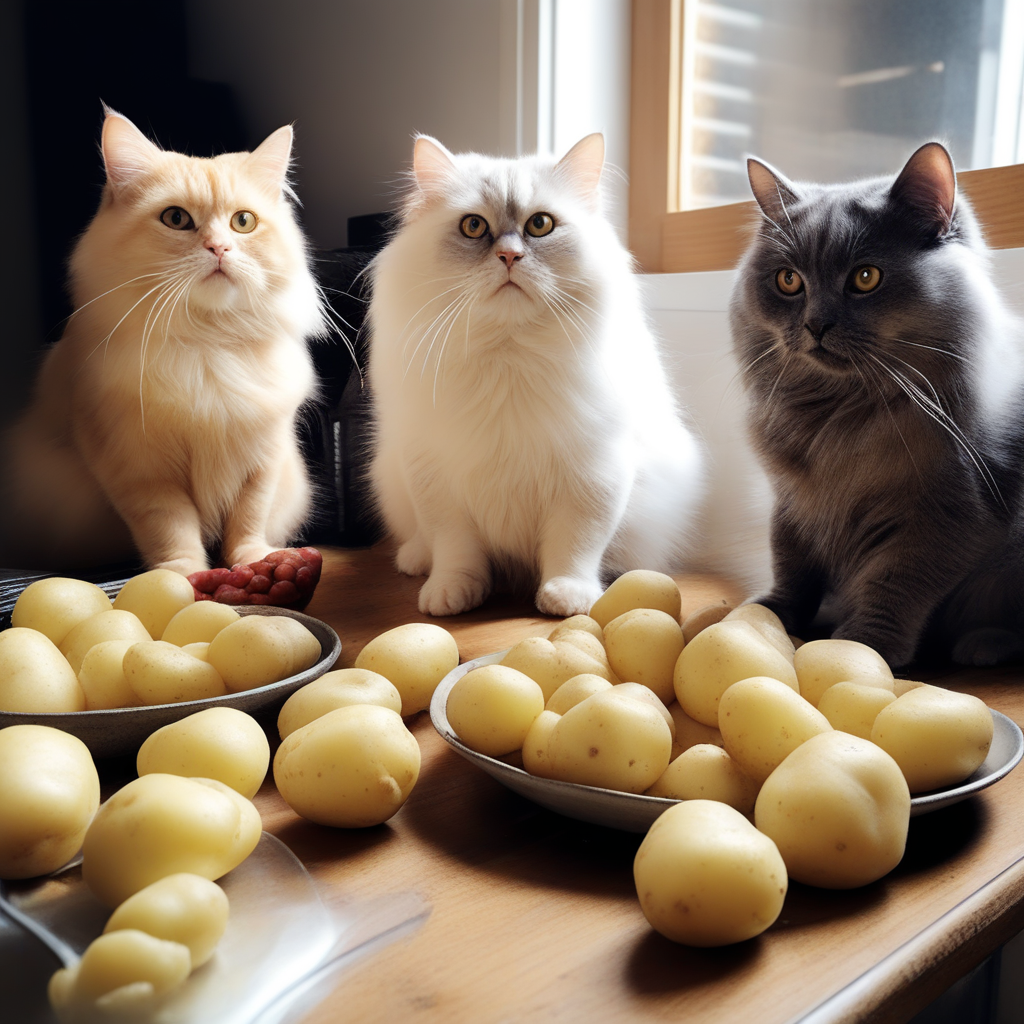 three cats staring at some new potatoes on the kitchen counter