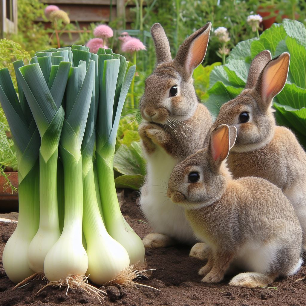 three rabbits looking at a bunch of leeks