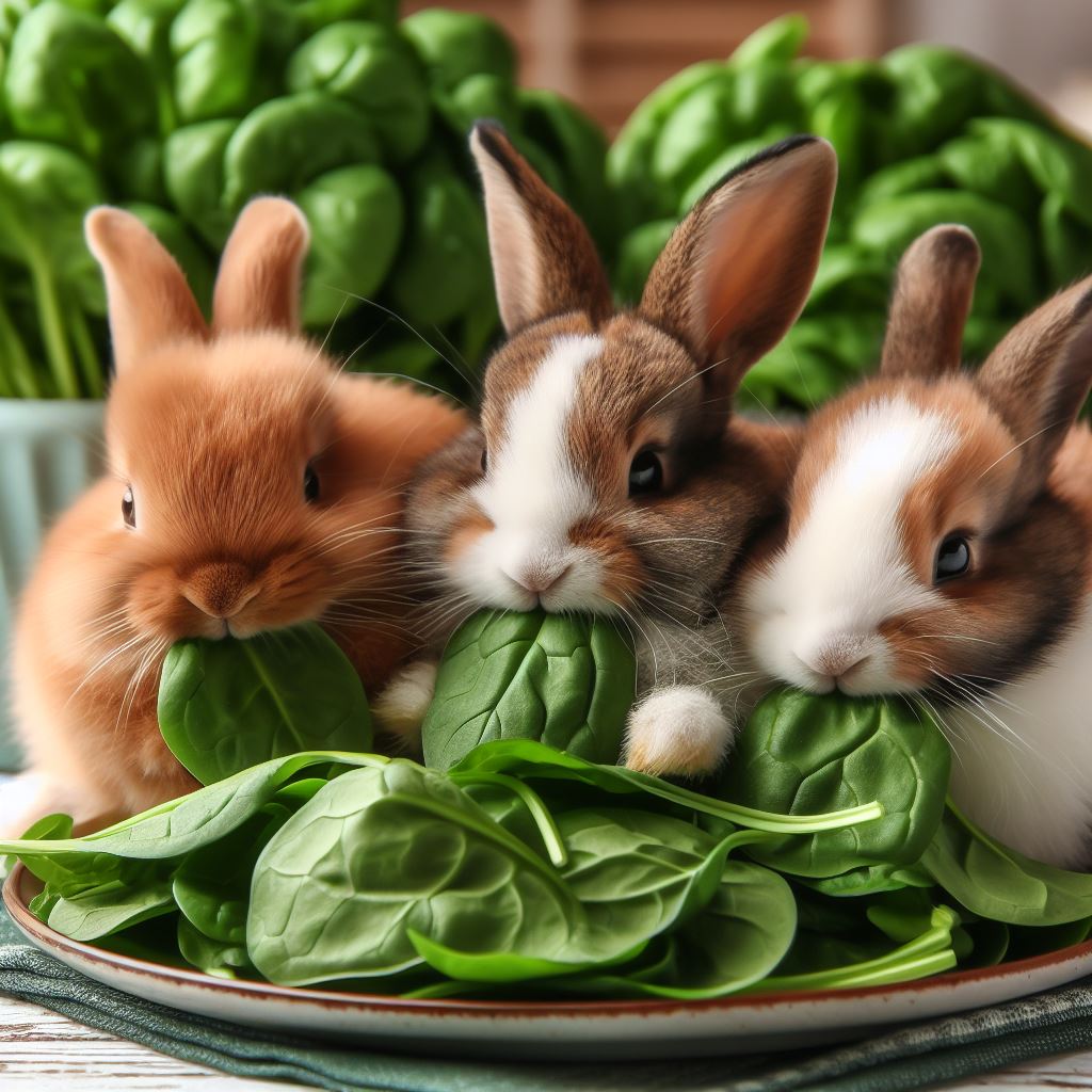 three rabbits enjoying some fresh spinach leaves