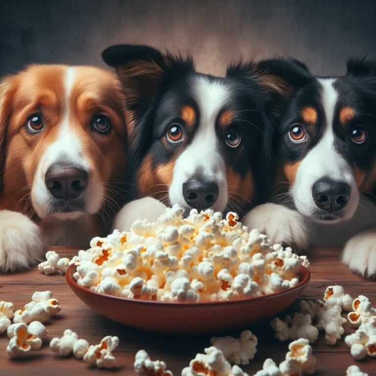 three dogs tucking into a huge bowl of freshly prepared popcorn