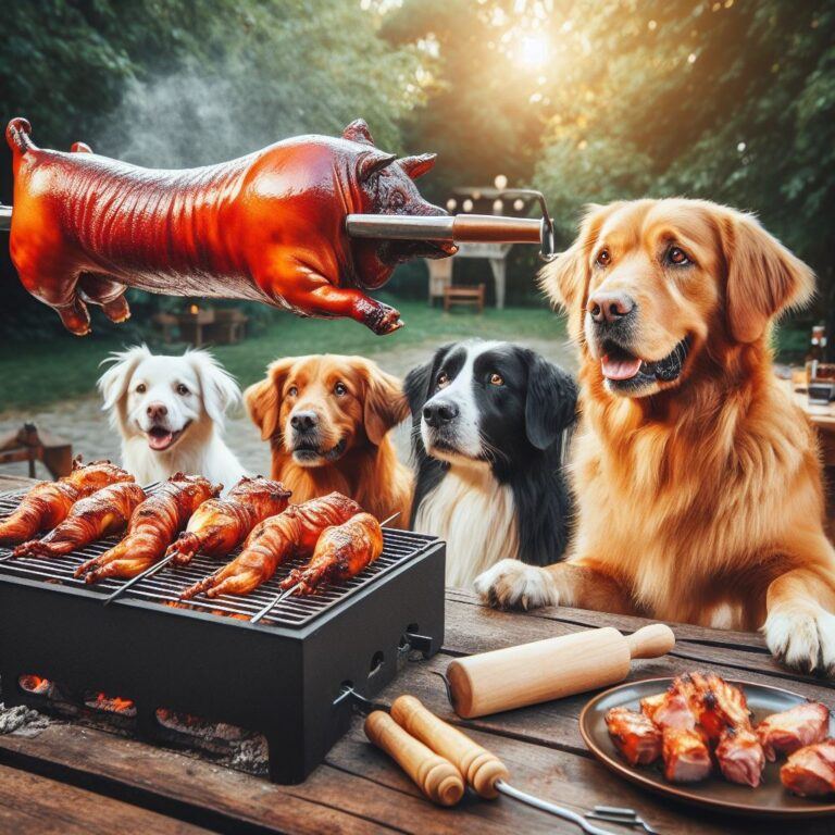 four dogs looking up at spit roasted pork on a barbecue