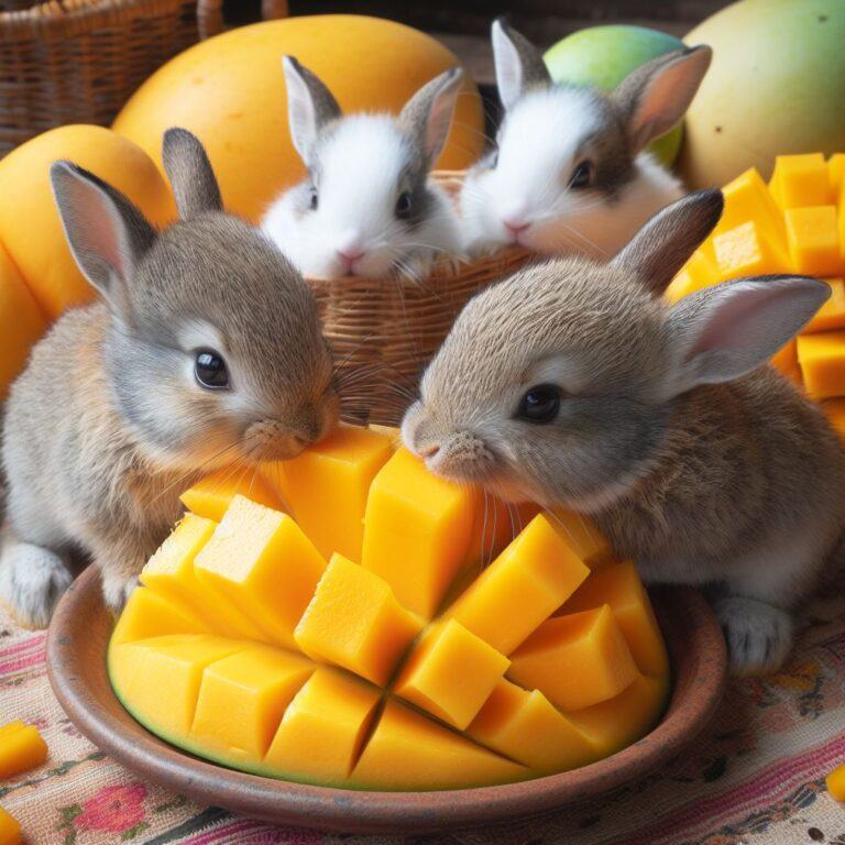 some rabbits eating some juicy freshly sliced mango