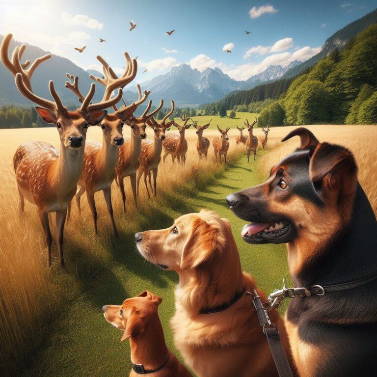 three dogs looking at some deer in a field on a nice sunny day