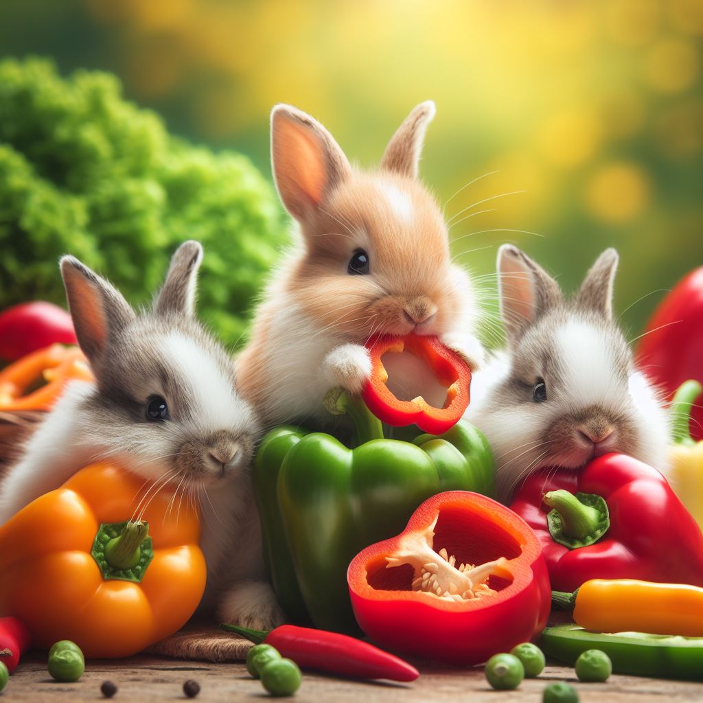 three rabbits eating some fresh slices of multi coloured bell peppers on a sunny afternoon in the garden