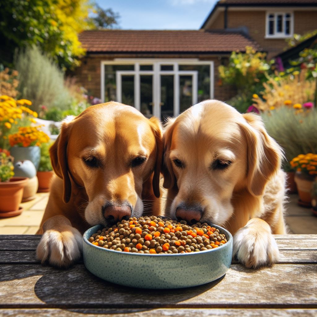 two dogs tucking into a bowl of fresh lentils in the back yard of their house