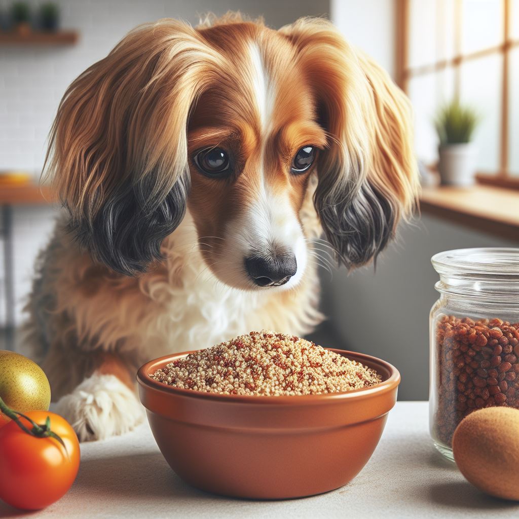 a big eared dog staring at a bowl full of quinoa