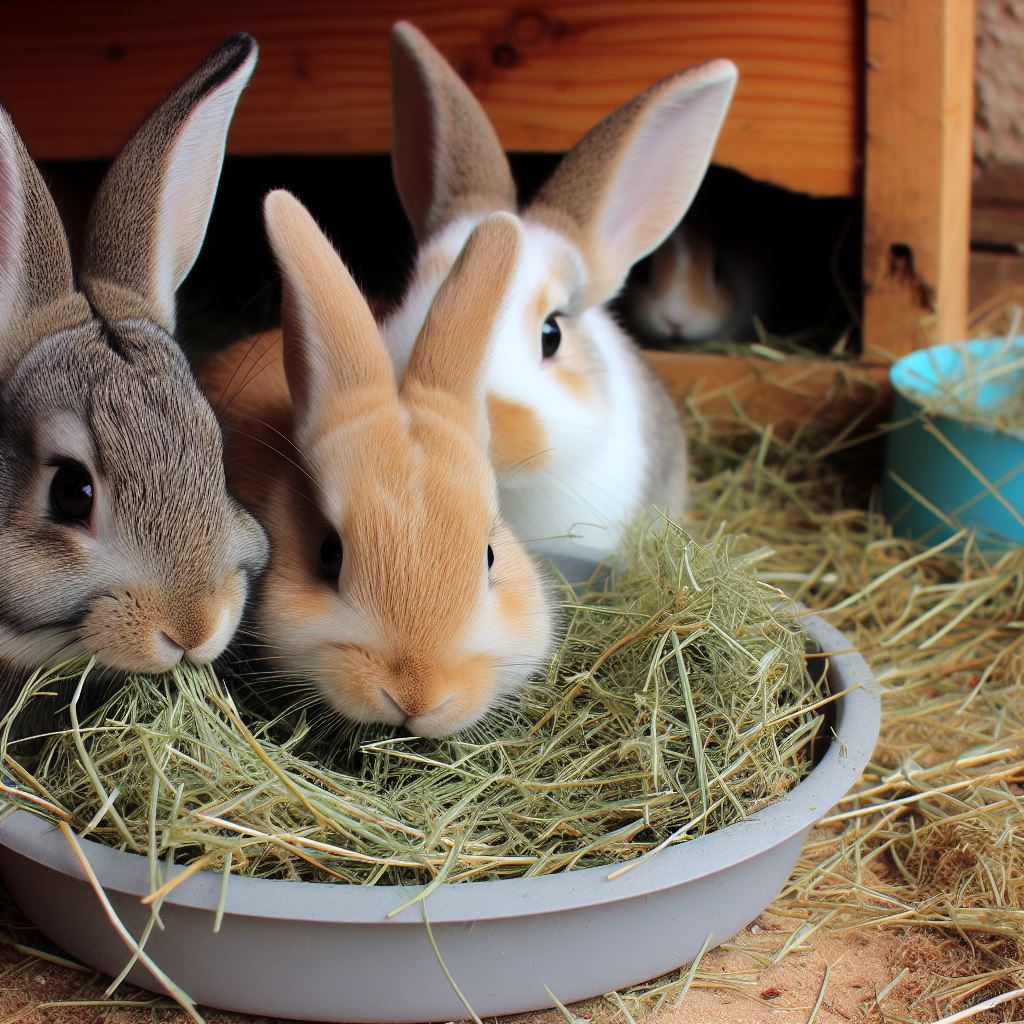 three rabbits tucking into a delicious bowl of fresh hay