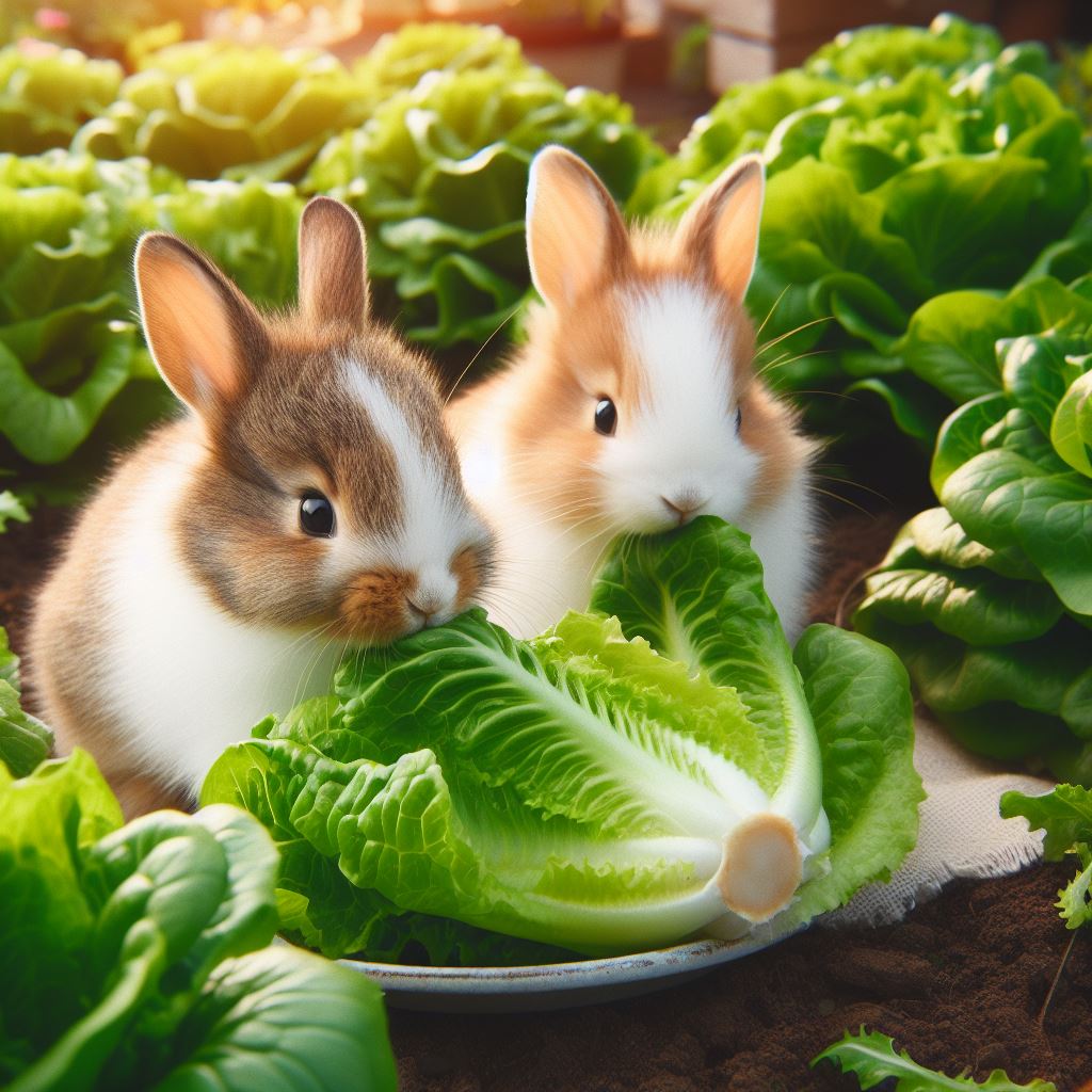 two rabbits eating some romaine lettuce in a garden