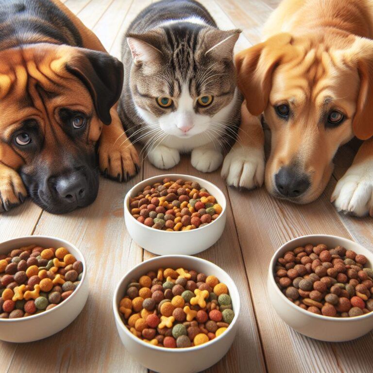 two dogs and one cat looking at four bowls of cat food