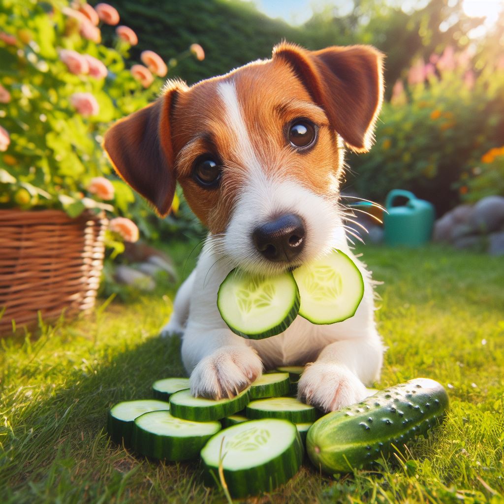 A Jack Russell pup playing around with some slices of cucumber in a garden on a suuny day