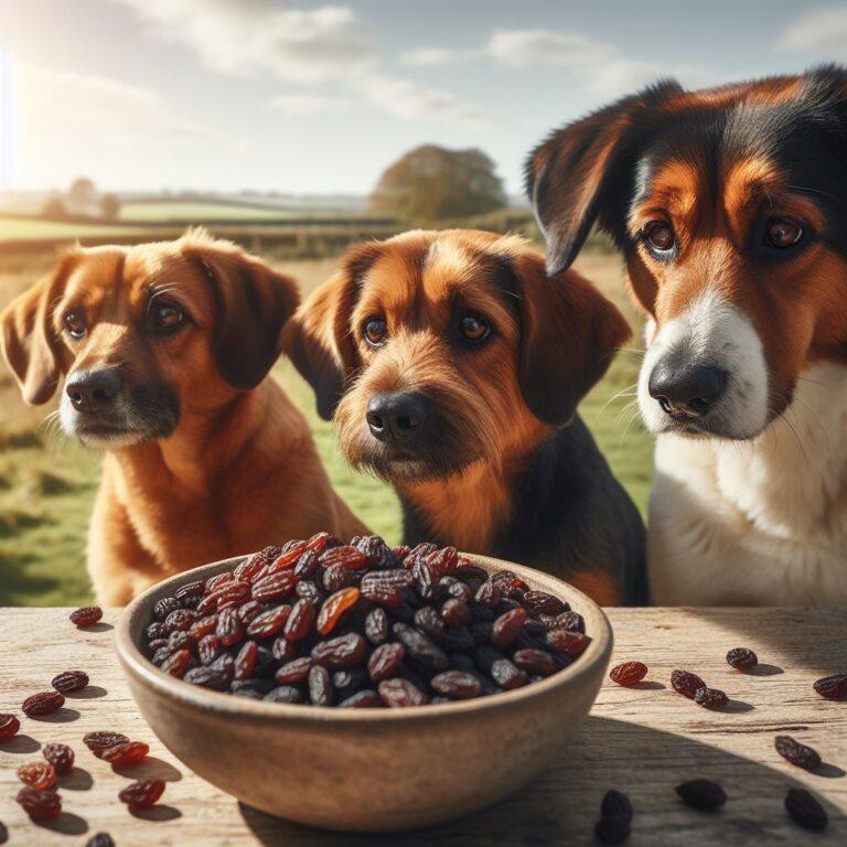 three dogs looking at a bowl of raisins on a table in the countryside