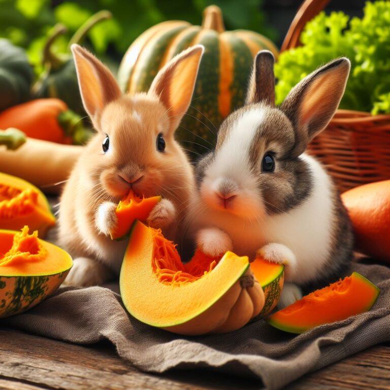 two rabbits eating some freshly cut open pumpkin