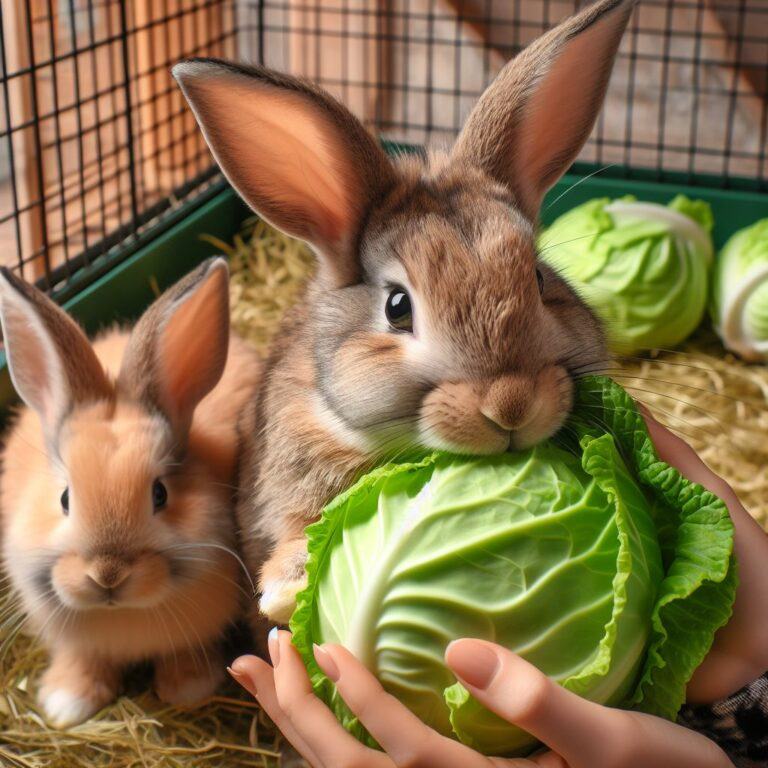 two rabbits being hand fed some cabbage in their cage