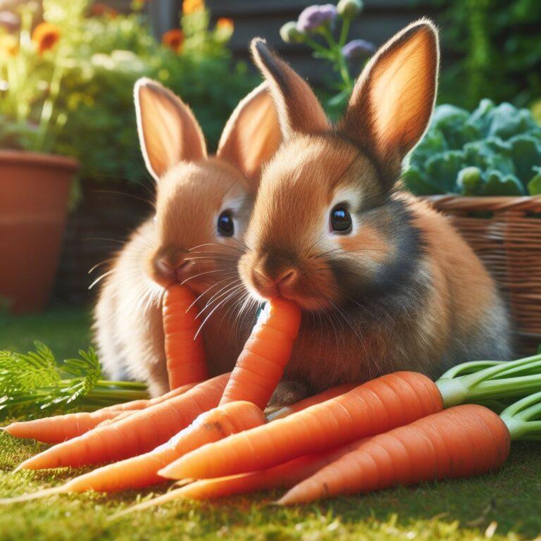 two rabbits munching on some carrots in a garden