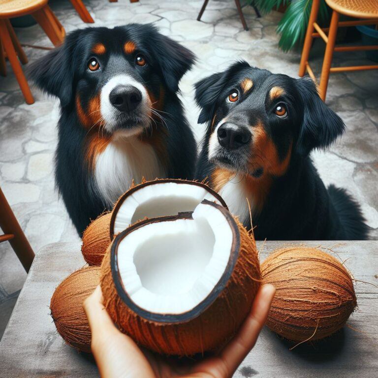 two dogs looking up at a freshly opened coconut